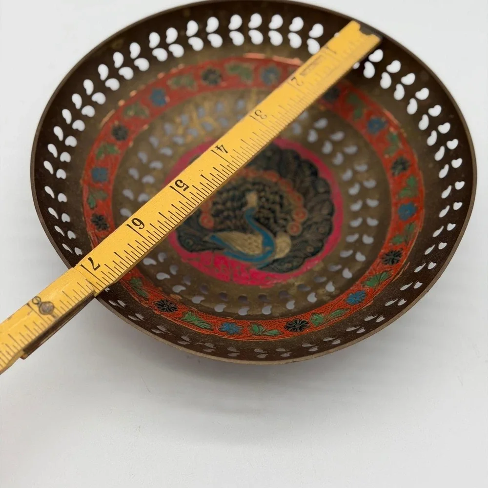 Vintage Enameled Brass Peacock Bowl Pierced Edges Hand Painted India 7.25in